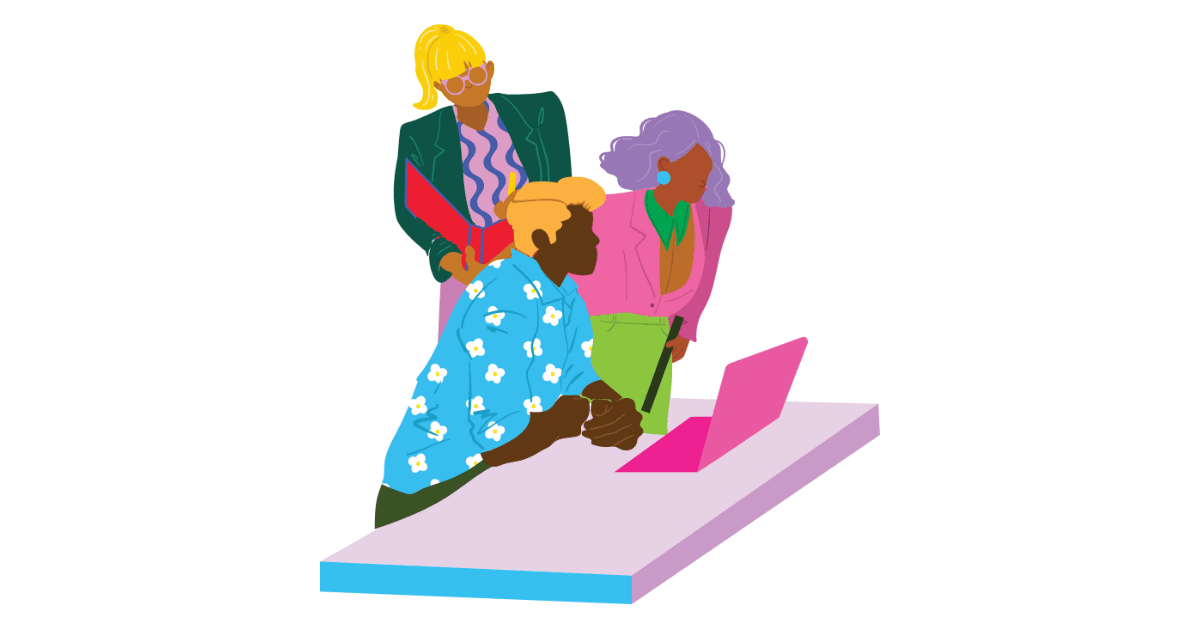 Cartoon image of a diverse group of coworkers researching different DEI certifications online