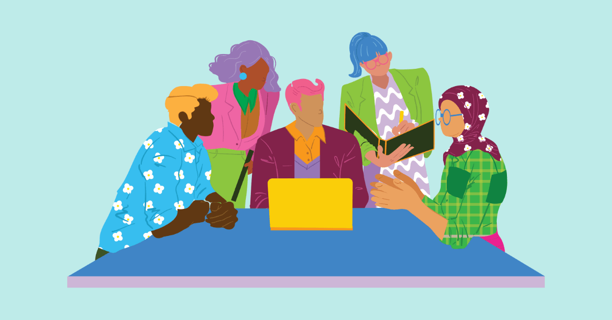 Cartoon image of a group of diverse colleagues setting diversity and inclusion goals at work