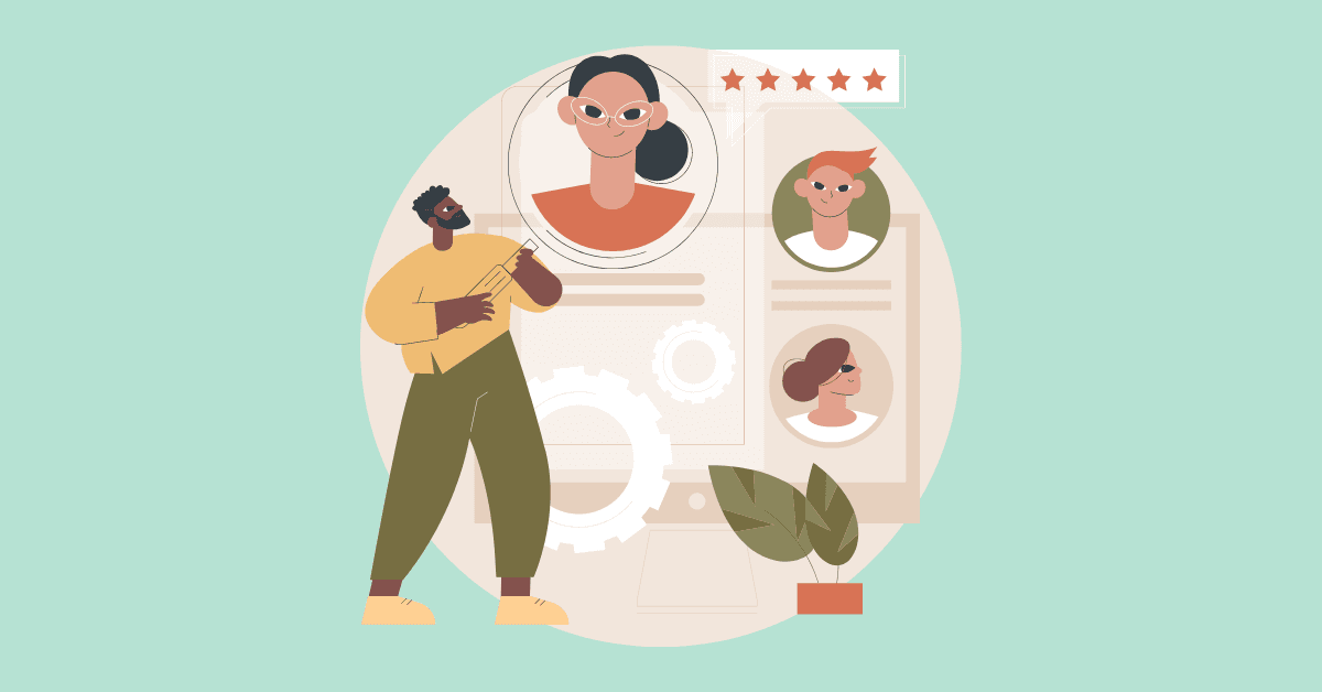 Cartoon image of a man looking at a diverse group of candidate profiles online