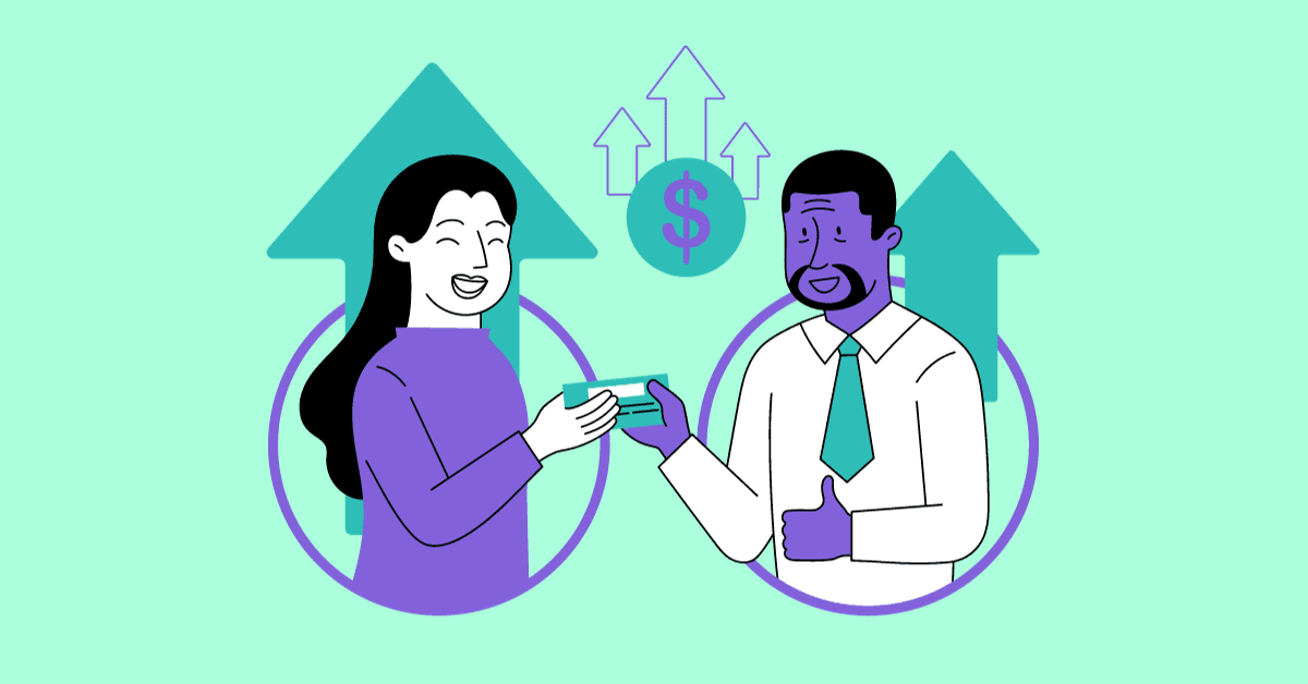 Cartoon image of a smiling direct report receiving a paycheck from his manager