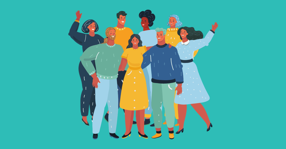 Cartoon image of a smiling group of coworkers who belong to the same Employee Resource Group