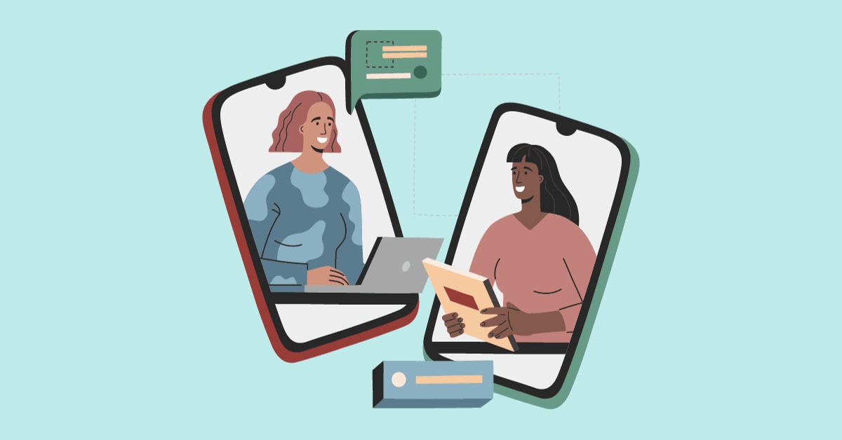 Cartoon image of a virtual job interview being conducted using AI recruiting