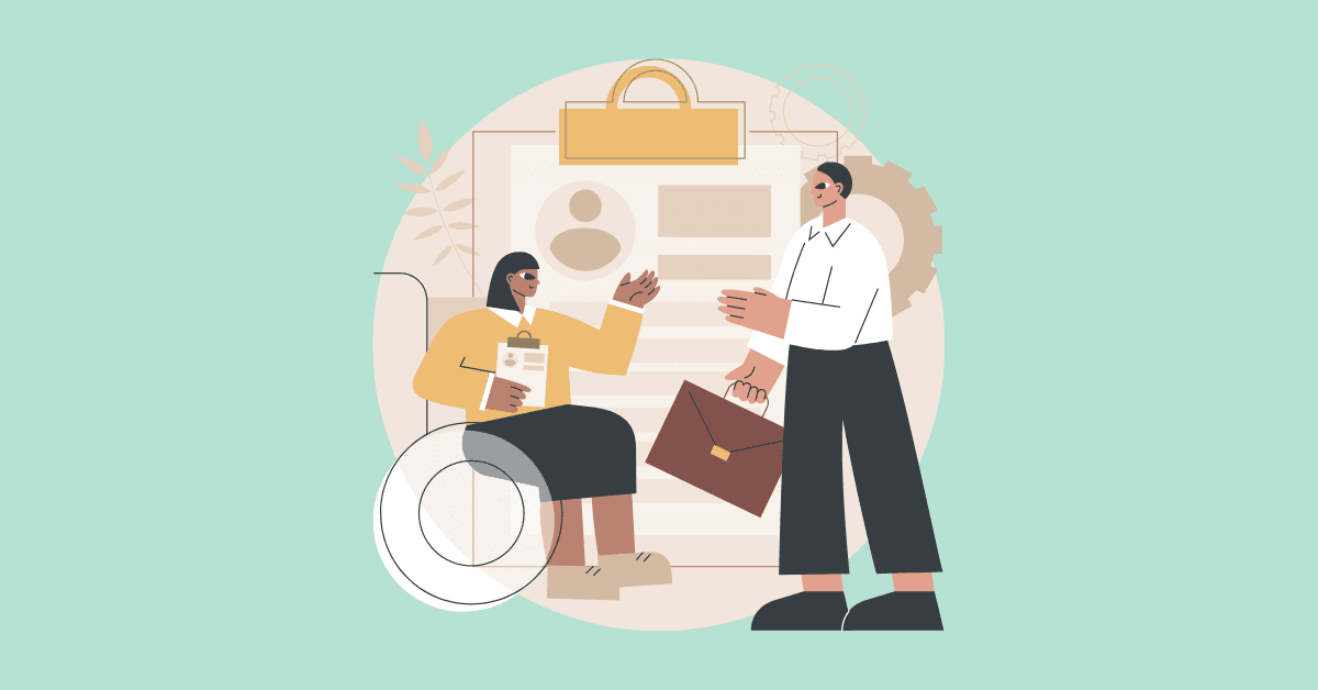 Cartoon image of a woman in a wheelchair and a male colleague greeting each other at work