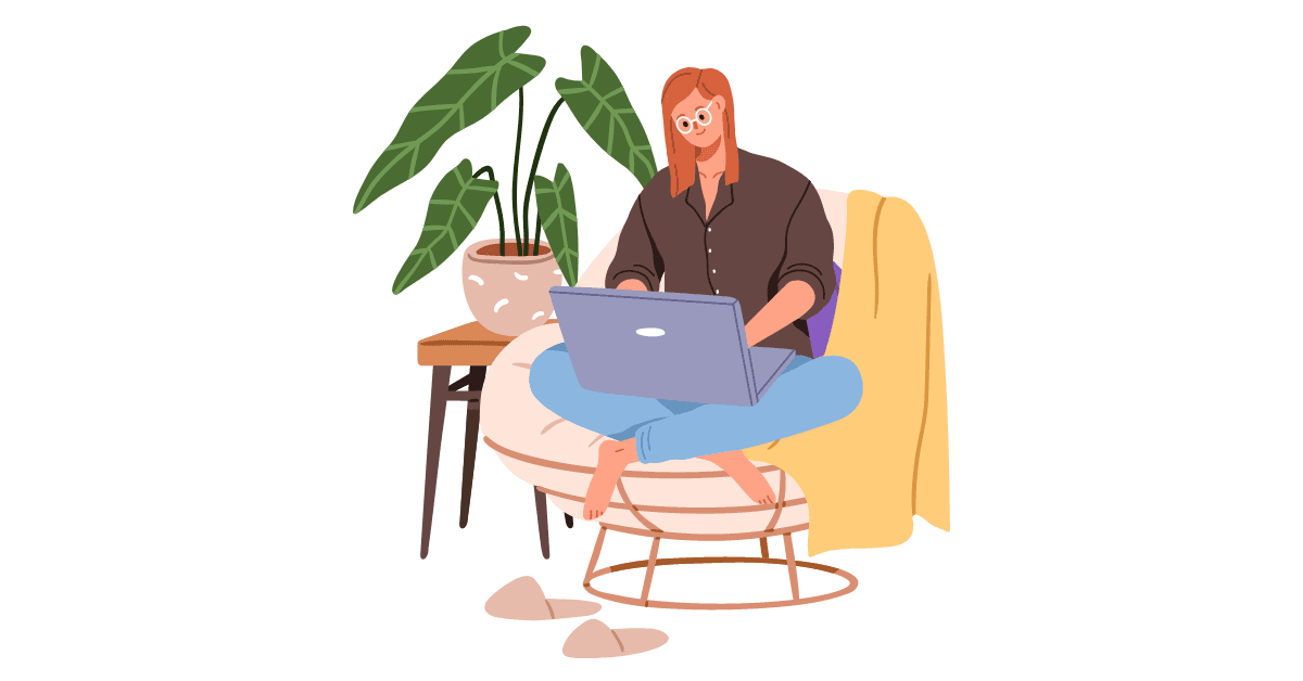 Cartoon image of a woman looking up open jobs in business services