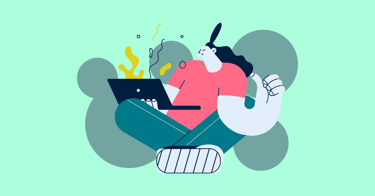 Cartoon image of a woman writing a diversity and inclusion statement on her laptop