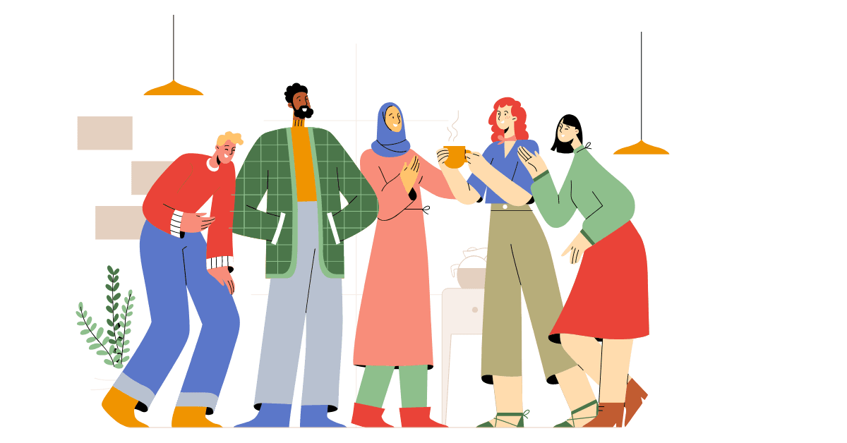 Cartoon image of coworkers gathering for an inclusive holiday party
