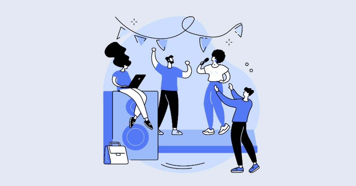 Cartoon image of coworkers throwing an inclusive holiday party with karaoke