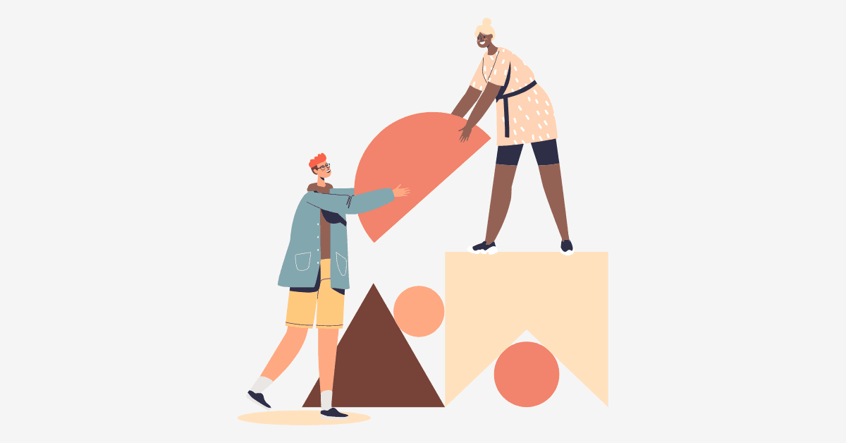 Cartoon image of two colleagues collaborating and helping each other at work