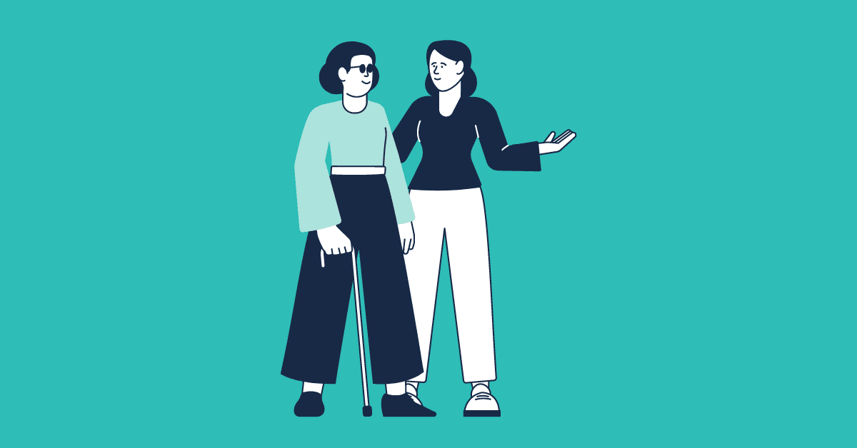 Cartoon image of two colleagues, one of whom is blind, talking at work