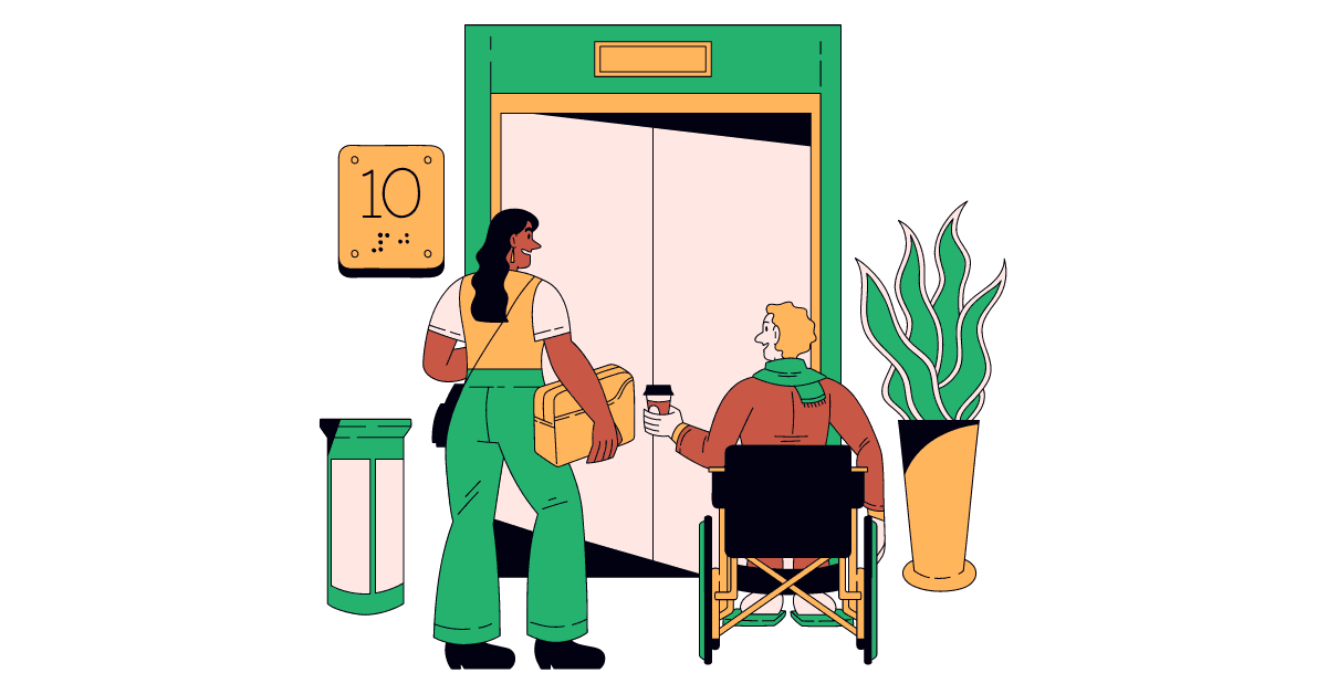 Cartoon image of two smiling coworkers with different racial identities and abilities getting on an elevator