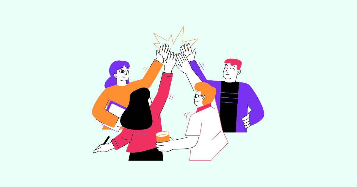 Illustration of a diverse group of coworkers giving a high five in celebration, representing teamwork and collaboration