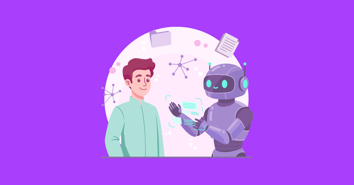 Illustration of a person collaborating with a friendly AI robot, representing teams using AI tools to support work and stay human-centered.