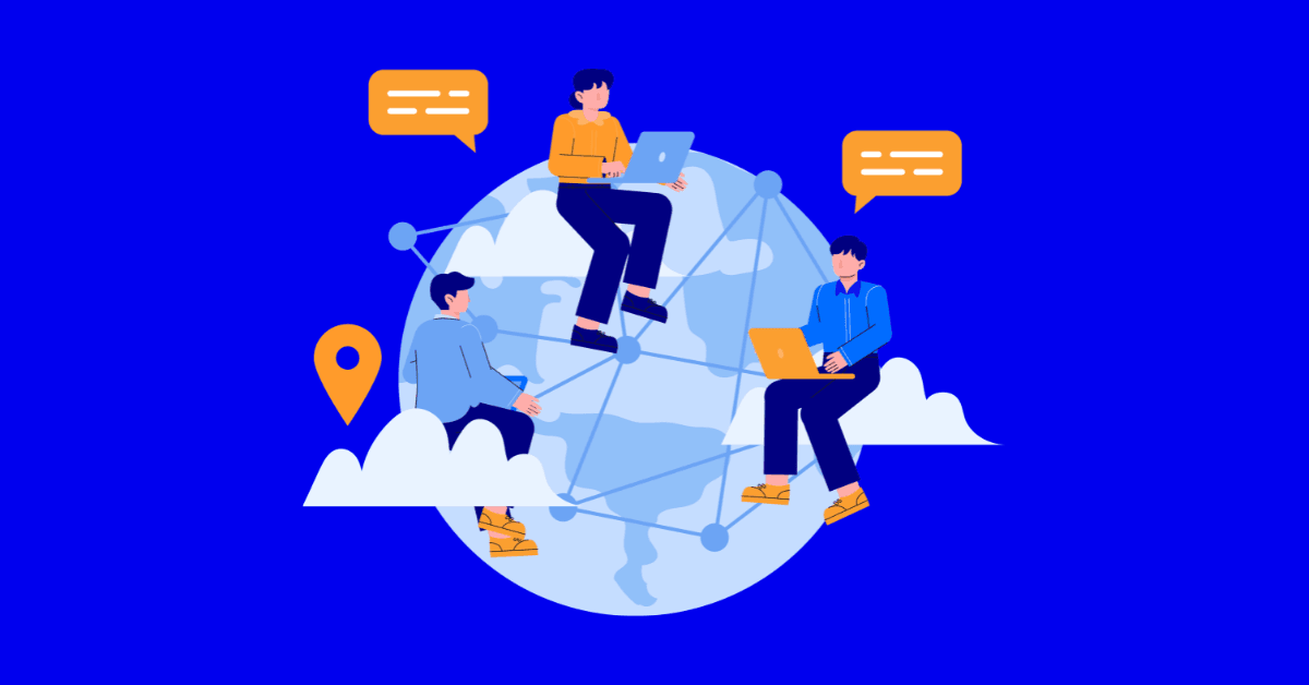 Illustration of three professionals collaborating remotely across a globe, representing teamwork and collaboration across cultures.