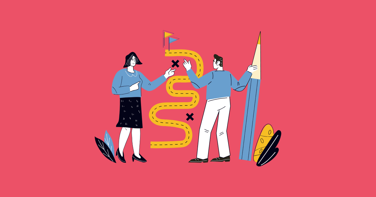 Illustration of two people standing on either side of a winding yellow path with flags and markers, symbolizing a career journey or pivot. One person holds a large pencil while the other gestures toward the path, representing planning and growth. The background is pink, and there are stylized leaves at their feet.