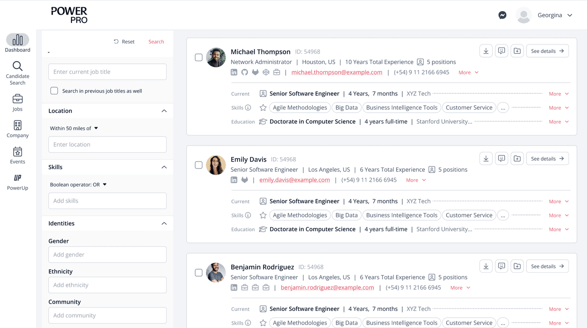 Screenshot of PowerToFly's PowerPro product showcasing the platform's candidate search feature.