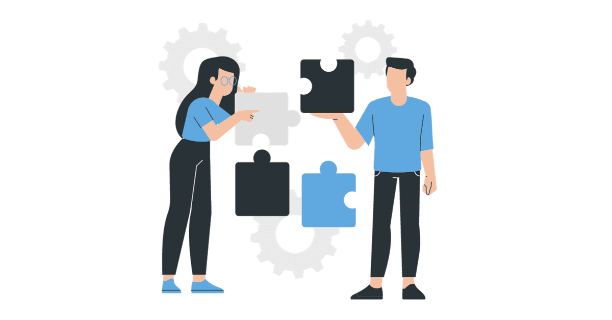 Two cartoon people slotting puzzle pieces together