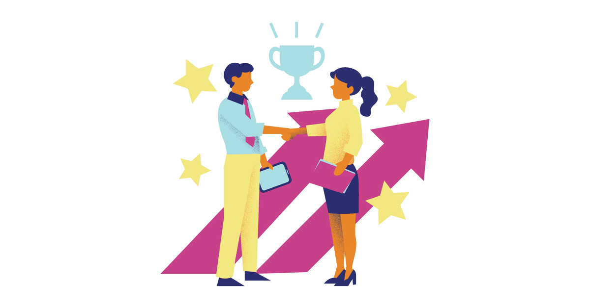 Two professional characters shaking hands. Behind them, there are two arrows pointing up, stars, and a trophy.